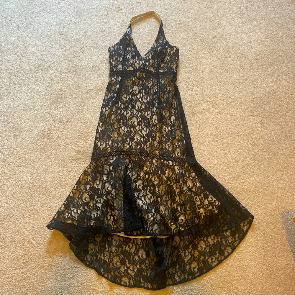David Meister tan silk halter dress w/ black lace overlay